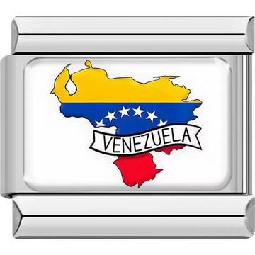 Map of Venezuela in yellow, blue, and red flag colors with white stars and "VENEZUELA" banner Italian charm bracelet link