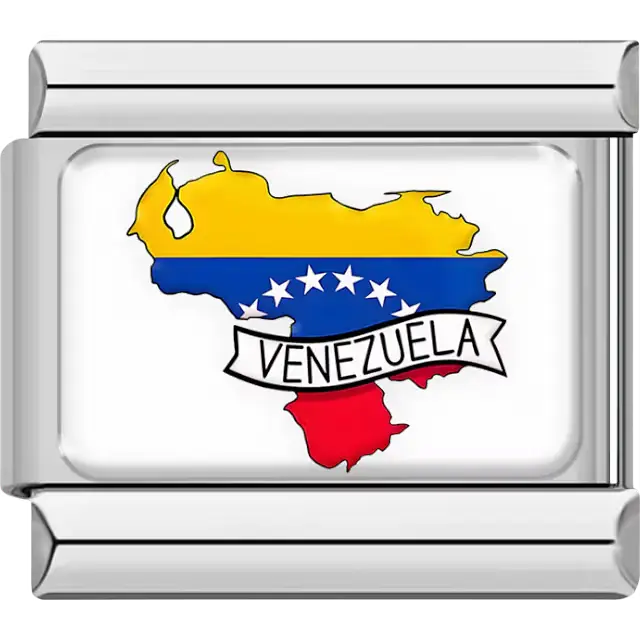 Map of Venezuela in yellow, blue, and red flag colors with white stars and "VENEZUELA" banner Italian charm bracelet link