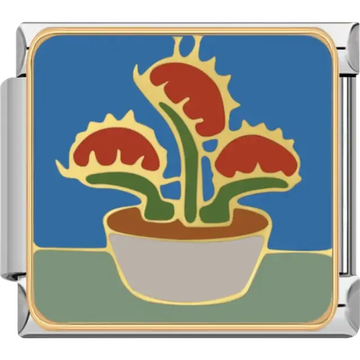Potted green Venus flytrap with open red traps and gold outlines on blue and green background Italian charm bracelet link
