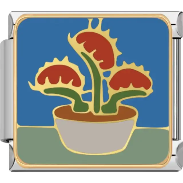 Potted green Venus flytrap with open red traps and gold outlines on blue and green background Italian charm bracelet link