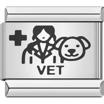Black veterinarian figure with a dog and medical cross above bold "VET" text Italian charm bracelet link