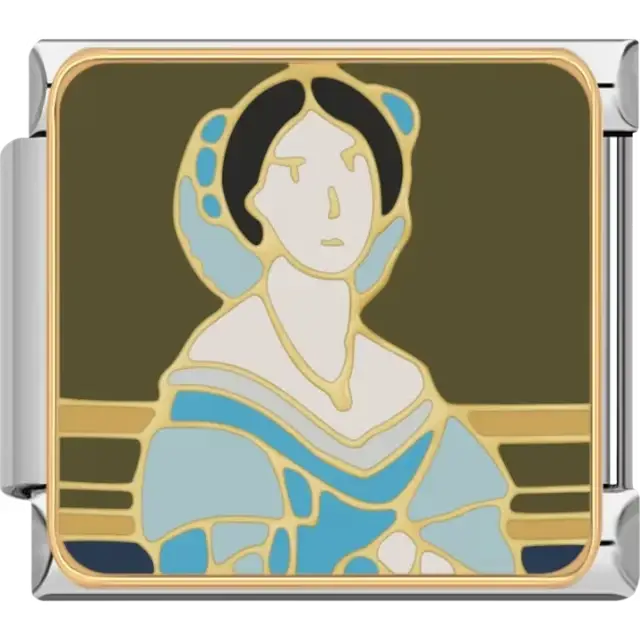 Victorian-style lady with gold outlines and blue details Italian charm bracelet link