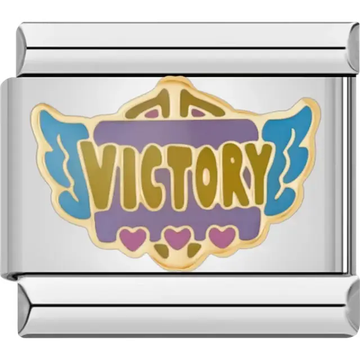 Purple and gold "Victory" text with blue wings and pink hearts Italian charm bracelet link