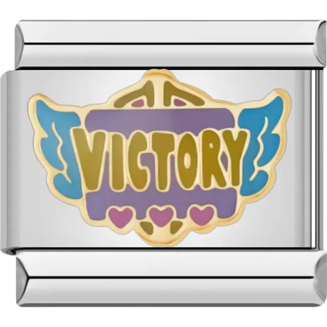 Purple and gold "Victory" text with blue wings and pink hearts Italian charm bracelet link