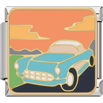 Classic blue car with scenic background Italian charm bracelet link