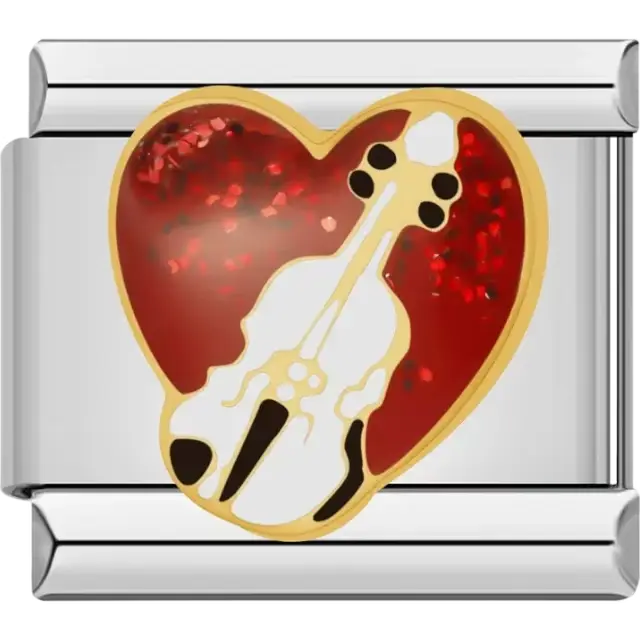 Red heart design with a gold violin detail Italian charm bracelet link