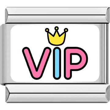Multicolor "VIP" text with a yellow crown above the "I" Italian charm bracelet link
