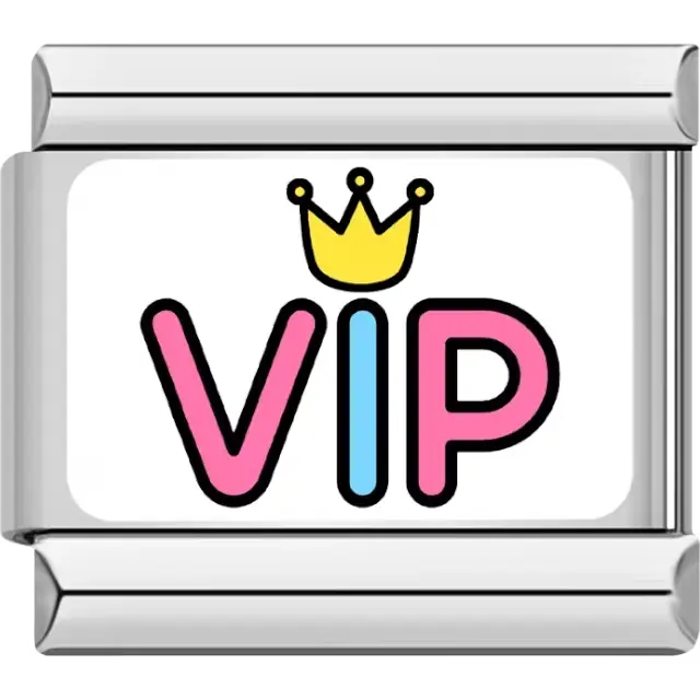 Multicolor "VIP" text with a yellow crown above the "I" Italian charm bracelet link
