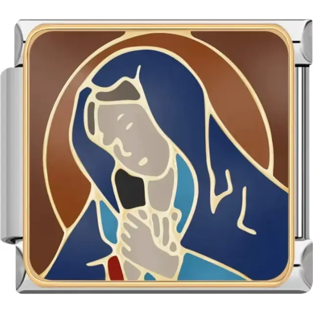 Virgin Mary with folded hands in blue and gold robes on a brown background Italian charm bracelet link