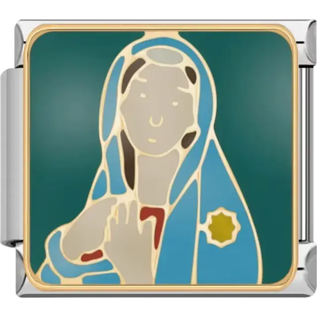 Virgin Mary depiction in blue and gold robes with a green background Italian charm bracelet link