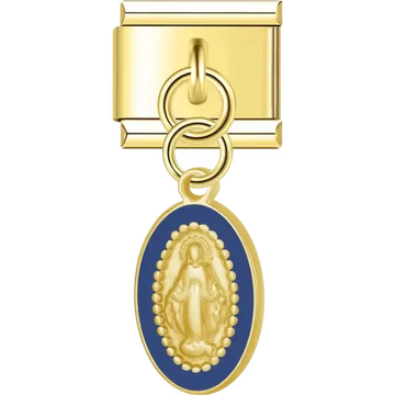 Virgin Mary oval medallion with blue border dangle Italian charm bracelet link