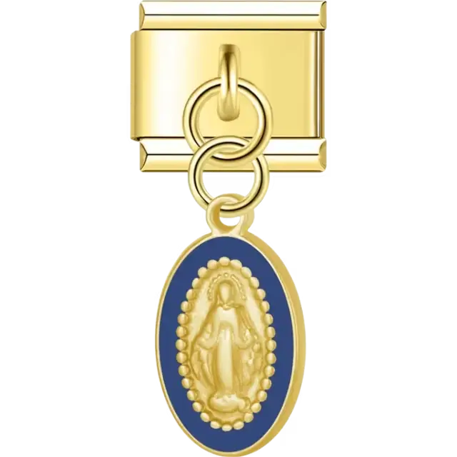 Virgin Mary oval medallion with blue border dangle Italian charm bracelet link