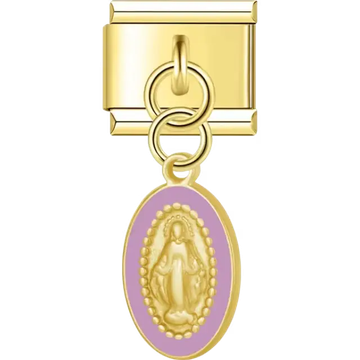Virgin Mary oval medallion with purple border dangle Italian charm bracelet link