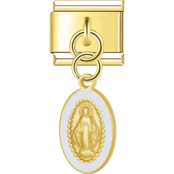 Virgin Mary oval medallion with white border dangle Italian charm bracelet link
