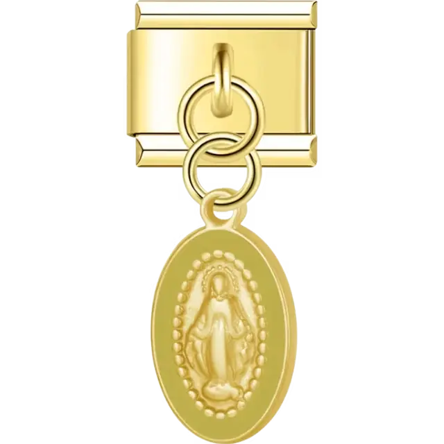 Virgin Mary oval medallion with yellow border dangle Italian charm bracelet link