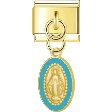 Virgin Mary oval medallion with blue border dangle Italian charm bracelet link