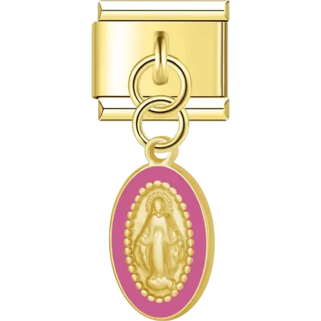 Virgin Mary oval medallion with pink border dangle Italian charm bracelet link