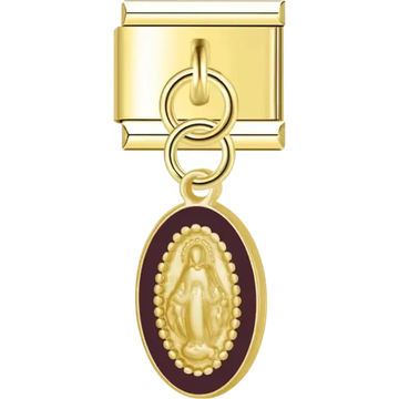 Virgin Mary oval medallion with dark red border dangle Italian charm bracelet link