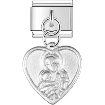 Silver Virgin Mary holding Jesus heart dangle pendant Italian charm bracelet link