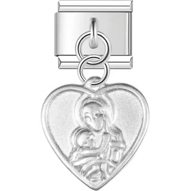 Silver Virgin Mary holding Jesus heart dangle pendant Italian charm bracelet link
