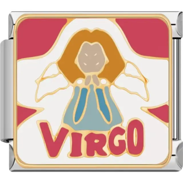 Virgo zodiac symbol featuring an angelic figure with flowing hair and bold red lettering on a white and red background Italian charm bracelet link