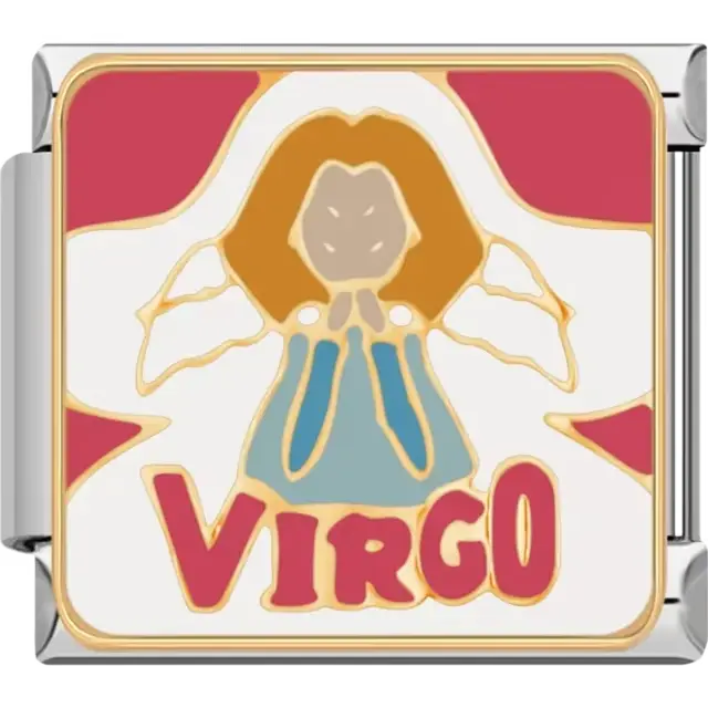 Virgo zodiac symbol featuring an angelic figure with flowing hair and bold red lettering on a white and red background Italian charm bracelet link