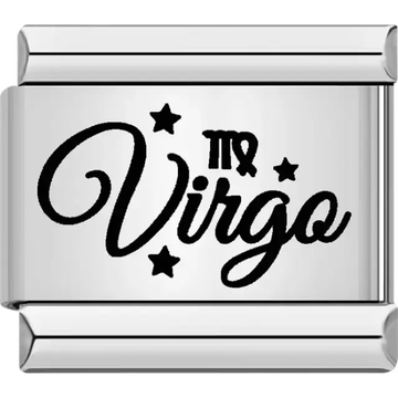 Black "Virgo" text with Virgo symbol and star accents Italian charm bracelet link