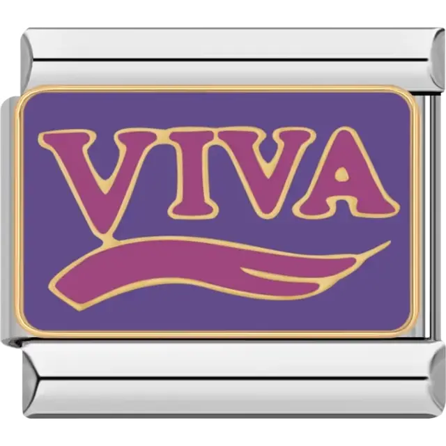 Purple and gold "Viva" text with pink accent Italian charm bracelet link