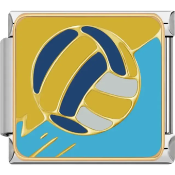 Golden volleyball with blue and white panels on blue background Italian charm bracelet link