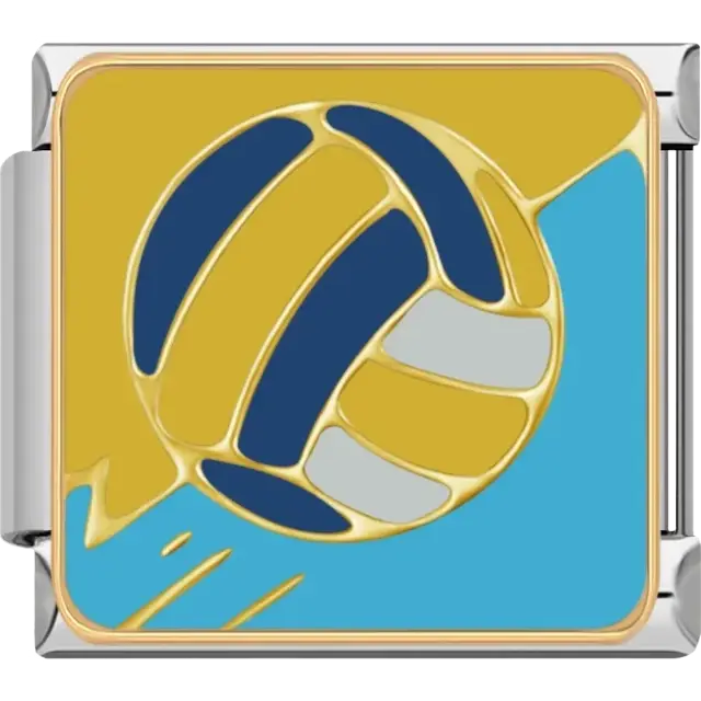 Golden volleyball with blue and white panels on blue background Italian charm bracelet link