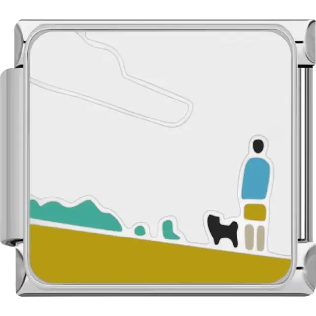 Landscape with a figure walking a black dog on a gold green and white background Italian charm bracelet link