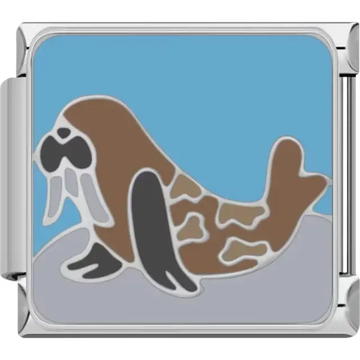 Brown walrus with black flippers on gray ice and blue background Italian charm bracelet link