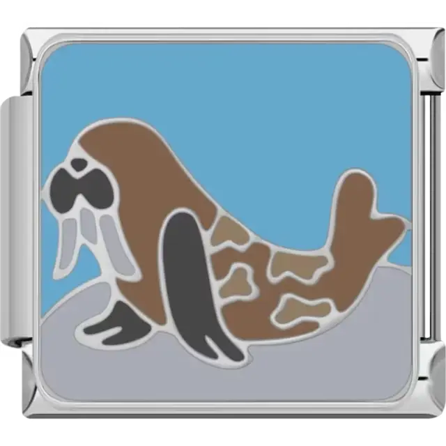 Brown walrus with black flippers on gray ice and blue background Italian charm bracelet link