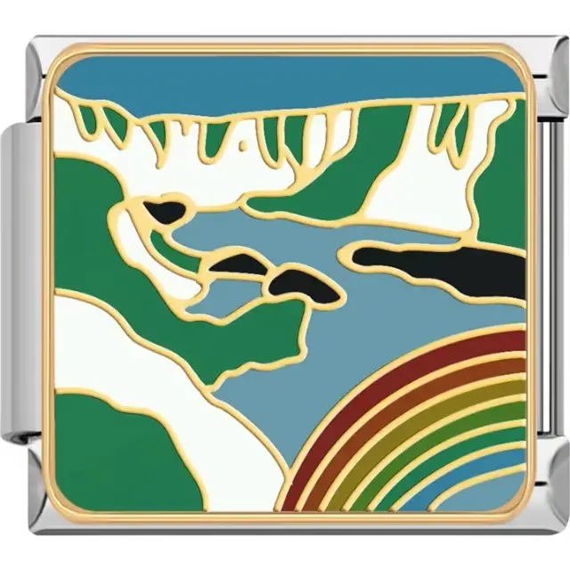 Green cliffs with blue water and multicolored rainbow Italian charm bracelet link