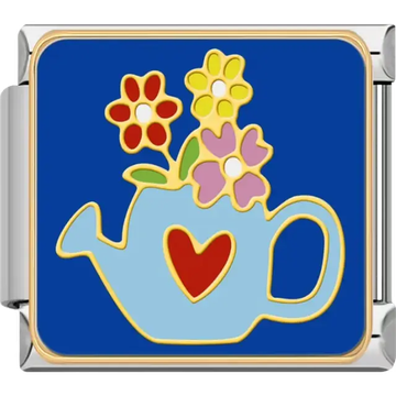Light blue watering can with a red heart and colorful flowers on a blue background Italian charm bracelet link