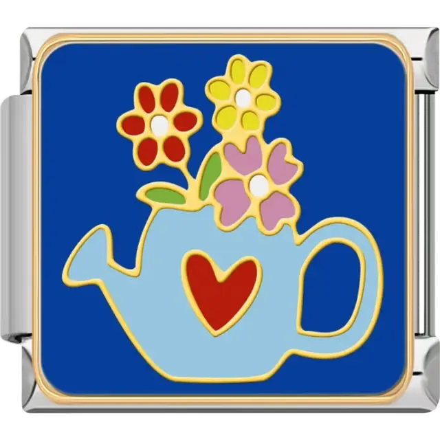 Light blue watering can with a red heart and colorful flowers on a blue background Italian charm bracelet link