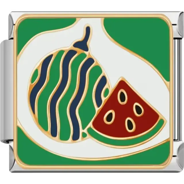 Whole and sliced watermelon with green rind red flesh and black seeds on a white and green background Italian charm bracelet link