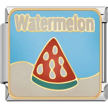 Red watermelon slice with green rind and beige seeds on a blue background with "Watermelon" text Italian charm bracelet link