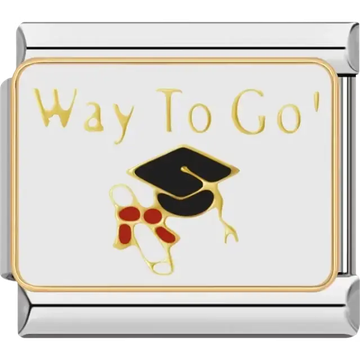 "Way To Go" text with a black graduation cap and red diploma bow Italian charm bracelet link