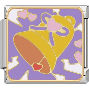Gold wedding bell with pink hearts white doves and purple background Italian charm bracelet link