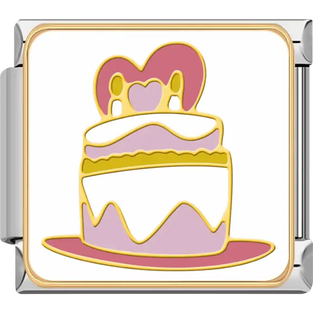 Pink and white wedding cake with heart topper on pink plate Italian charm bracelet link