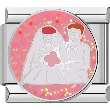Bride and groom design on a glittery pink background Italian charm bracelet link