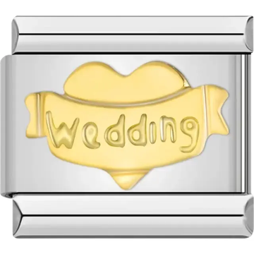 Gold-tone heart and banner design with "Wedding" text Italian charm bracelet link