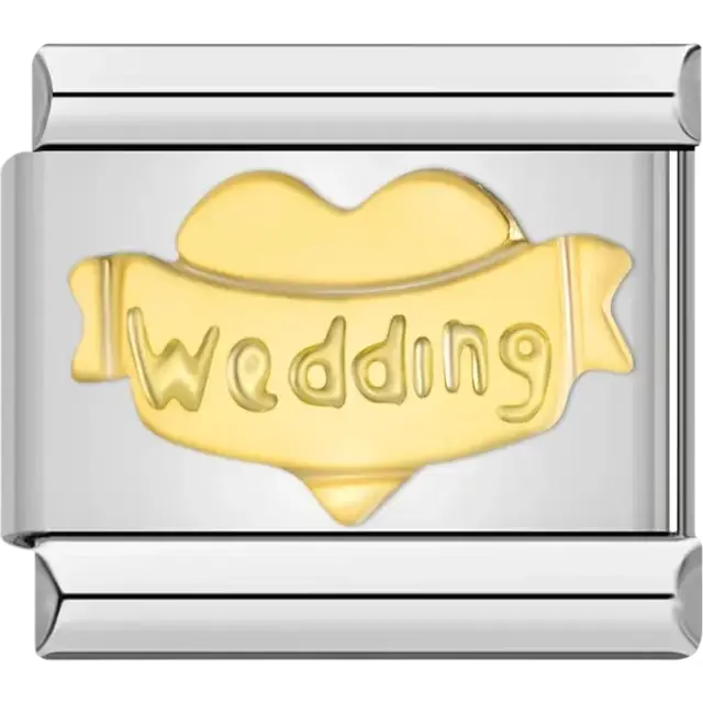 Gold-tone heart and banner design with "Wedding" text Italian charm bracelet link