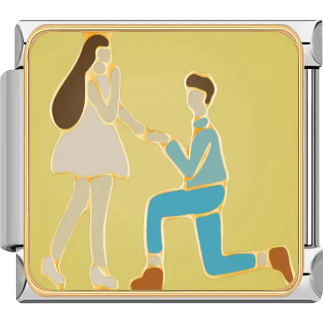 Yellow gold wedding man proposing on knee to woman Italian charm bracelet link