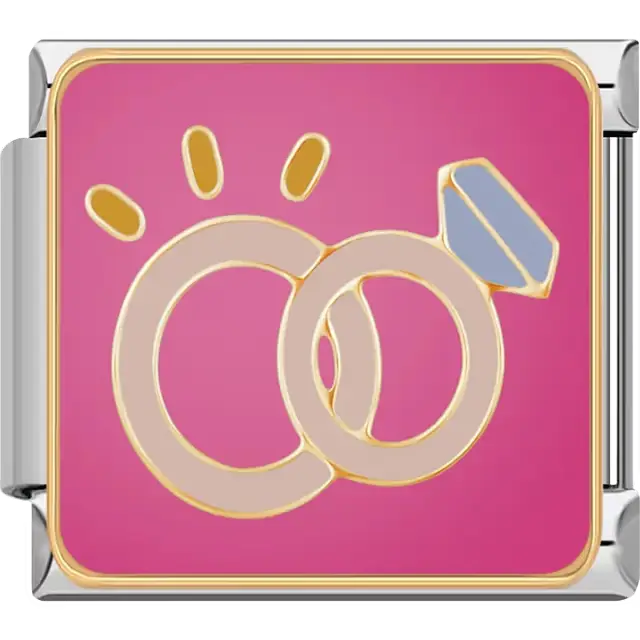 Interlocking wedding rings with blue diamond on pink background Italian charm bracelet link