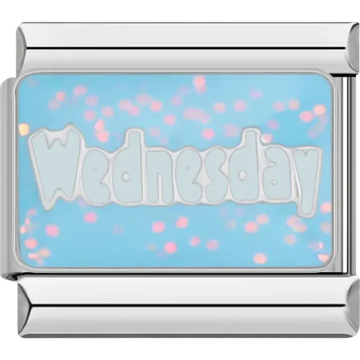 “Wednesday” text on a shimmering blue Italian charm bracelet link