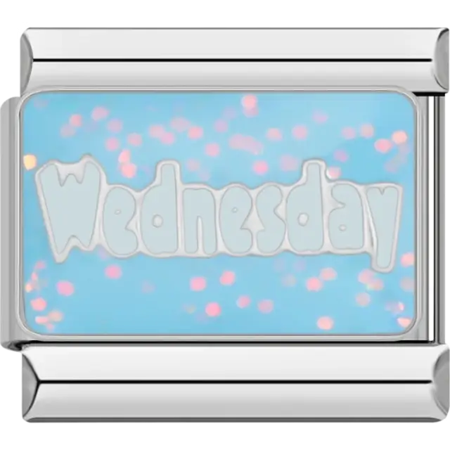 “Wednesday” text on a shimmering blue Italian charm bracelet link