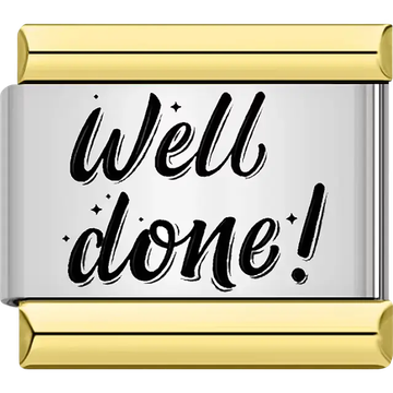 Black text "Well done!" stars gold trim Italian charm bracelet link