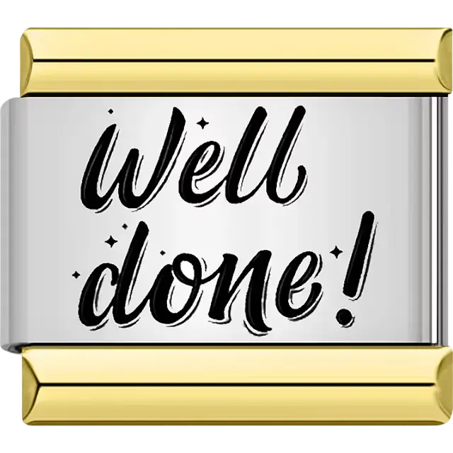 Black text "Well done!" stars gold trim Italian charm bracelet link